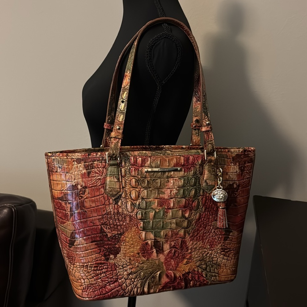 Brahmin Red and Green Shoulder Tote Bag with Textured Design - Picture 7 of 14